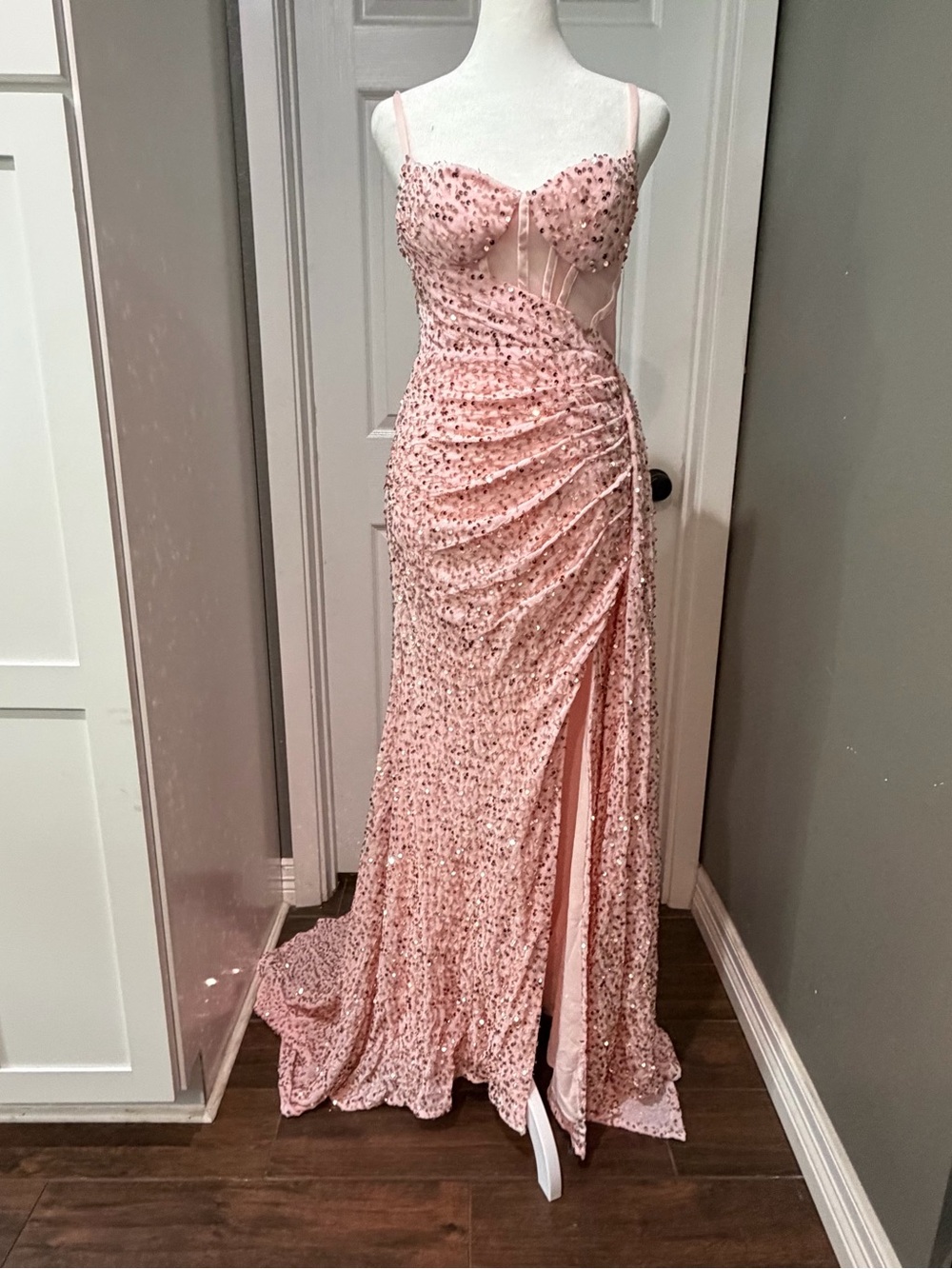 Elegant Blush Pink Sequin Evening Gown